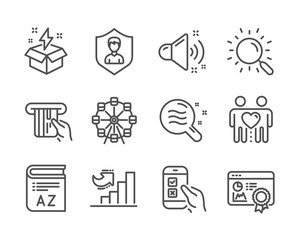 Set of Business icons, such as Search, Security agency, Skin condition, Growth chart, Mobile survey, Creative idea, Credit card, Seo certificate, Friends couple, Loud sound, Ferris wheel. Vector