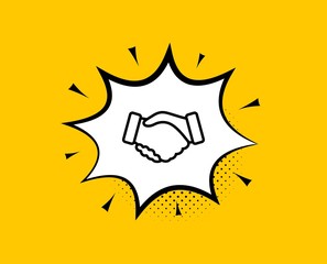 Handshake line icon. Comic speech bubble. Hand gesture sign. Business deal palm symbol. Yellow background with chat bubble. Handshake icon. Colorful banner. Vector