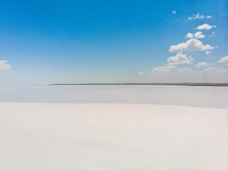 Aerial view of Lake Tuz, Tuz Golu. Salt Lake. White salt water. It is the second largest lake in Turkey and one of the largest hypersaline lakes in the world. Central Anatolia Region