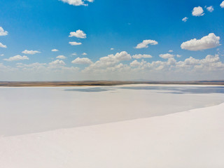 Aerial view of Lake Tuz, Tuz Golu. Salt Lake. White salt water. It is the second largest lake in Turkey and one of the largest hypersaline lakes in the world. Central Anatolia Region