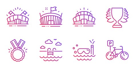 Swimming pool, Sports arena and Arena stadium line icons set. Honor, Winner and Scuba diving signs. Bicycle parking symbol. Basin, Event stadium. Sports set. Gradient swimming pool icon. Vector