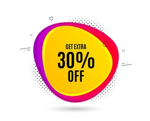 Get Extra 30% off Sale. Banner text shape. Discount offer price sign. Special offer symbol. Save 30 percentages. Geometric vector banner. Extra discount text. Gradient shape badge. Vector