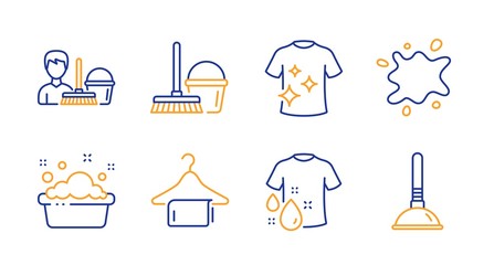 Clean t-shirt, Cleaning service and Wash t-shirt line icons set. Dirty spot, Clean towel and Hand washing signs. Bucket with mop, Plunger symbols. Laundry shirt, Bucket with mop. Vector