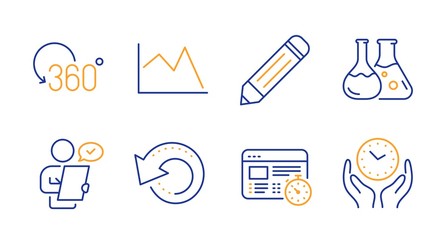 Pencil, Customer survey and Recovery data line icons set. Chemistry lab, Web timer and Line chart signs. Full rotation, Safe time symbols. Edit data, Contract. Science set. Line pencil icon. Vector