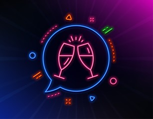 Champagne glasses line icon. Neon laser lights. Romantic celebration sign. Love chin-chin symbol. Glow laser speech bubble. Neon lights chat bubble. Banner badge with champagne glasses icon. Vector