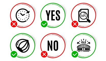 Search file, Time change and Hazelnut icons simple set. Yes no check box. Sports arena sign. Find document, Clock, Vegetarian nut. Event stadium. Business set. Search file icon. Check mark. Vector