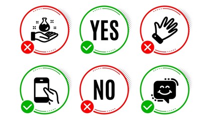 Fototapeta premium Hold smartphone, Hand and Chemistry lab icons simple set. Yes no check box. Smile chat sign. Phone call, Waving palm, Laboratory. Happy face. People set. Hold smartphone icon. Check mark. Vector