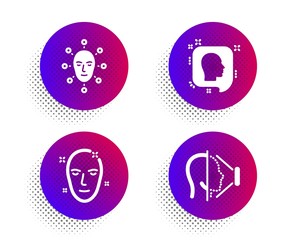 Face biometrics, Head and Health skin icons simple set. Halftone dots button. Face id sign. Facial recognition, Profile messages, Phone scanning. Healthcare set. Vector