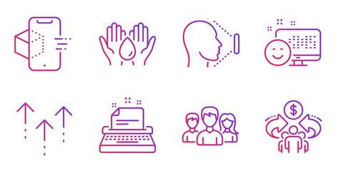 Safe water, Teamwork and Swipe up line icons set. Face id, Augmented reality and Typewriter signs. Smile, Sharing economy symbols. Hold drop, Group of users. Gradient safe water icon. Vector