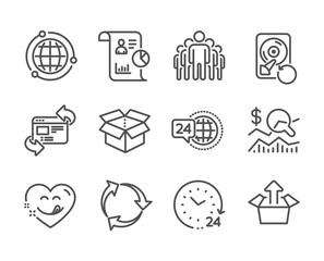 Set of Technology icons, such as Open box, 24 hours, Report, 24h service, Globe, Group, Send box, Refresh website, Yummy smile, Check investment, Recovery hdd, Recycle line icons. Vector