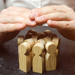 Boss defending his team with a gesture of protection. Life insurance. Customer care, care for...