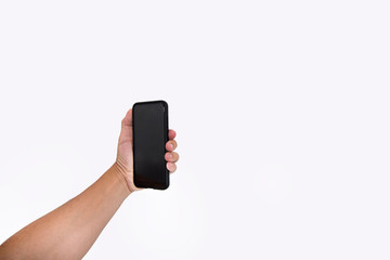Man hand holding black cellphone with black screen at isolated background.