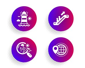 Search flight, Lighthouse and Escalator icons simple set. Halftone dots button. World travel sign. Airplane trip, Beacon tower, Elevator. Map pointer. Transportation set. Vector