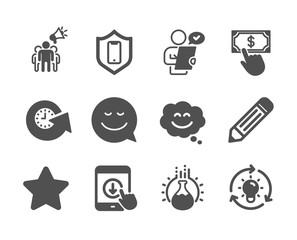 Set of Technology icons, such as Pencil, Idea, Scroll down, Smile, Smile chat, Customer survey, Chemistry experiment, Update time, Star, Smartphone protection, Brand ambassador. Pencil icon. Vector