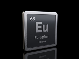 Europium Eu, element symbol from periodic table series. 3D rendering isolated on black background