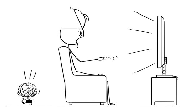 Vector cartoon stick figure drawing conceptual illustration of brainless man sitting in chair and watching dull shows in TV or television, his brain is leaving him.