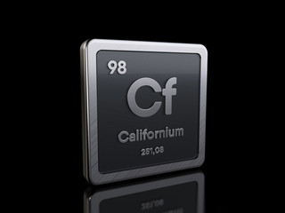 Californium Cf, element symbol from periodic table series. 3D rendering isolated on black background