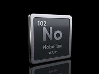 Nobelium No, element symbol from periodic table series. 3D rendering isolated on black background