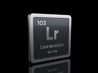 Lawrencium Lr, element symbol from periodic table series. 3D rendering isolated on black background