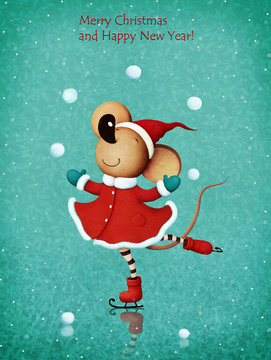 Greeting card or poster with  rat or Mouse dance on ice for  Christmas or New Year. 