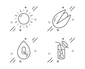Sun energy, No alcohol and Pistachio nut line icons set. Water glass sign. Solar power, Mineral oil, Vegetarian food. Soda drink. Nature set. Line sun energy outline icon. Vector