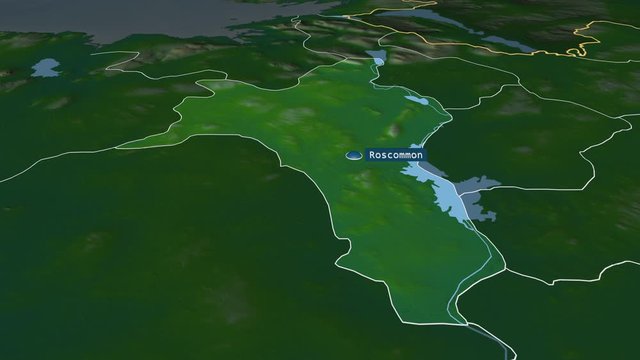 Roscommon - county of Ireland with its capital zoomed on the physical map of the globe. Animation 3D