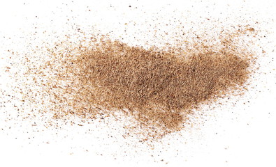 Ground carob powder (Ceratonia siliqua) isolated on white background, top view