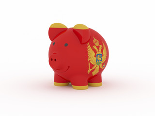 Finance, saving money, piggy bank on white background. Montenegro flag. 3d illustration.