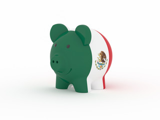 Finance, saving money, piggy bank on white background. Mexico flag. 3d illustration.