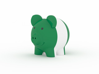 Finance, saving money, piggy bank on white background. Nigeria flag. 3d illustration.