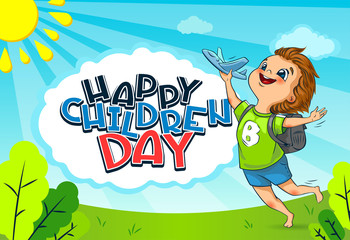 Happy Universal Children Day holiday. The cute little boy launches a toy plane