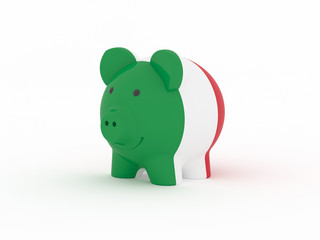 Finance, saving money, piggy bank on white background. Italy flag. 3d illustration.