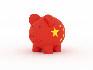 Finance, saving money, piggy bank on white background. China flag. 3d illustration.