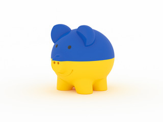 Finance, saving money, piggy bank on white background. Ukraine flag. 3d illustration.