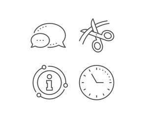 Scissors line icon. Chat bubble, info sign elements. Cutting ribbon sign. Tailor utensil symbol. Linear scissors outline icon. Information bubble. Vector
