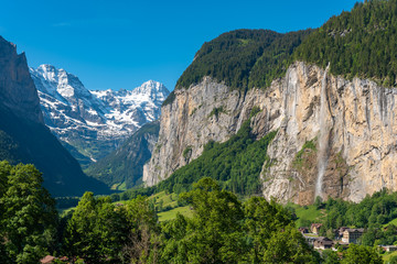 View from Lauterbrunnen into the Lauterbrunnen Valley with Staubbach Falls