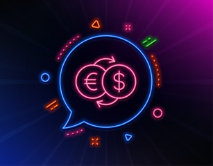 Money exchange line icon. Neon laser lights. Banking currency sign. Euro and Dollar Cash transfer symbol. Glow laser speech bubble. Neon lights chat bubble. Vector