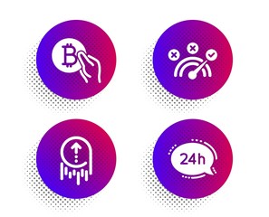 Correct answer, Swipe up and Bitcoin pay icons simple set. Halftone dots button. 24h service sign. Speed symbol, Scrolling page, Cryptocurrency coin. Call support. Technology set. Vector