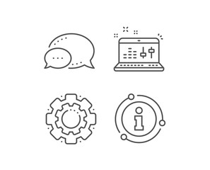 Sound check line icon. Chat bubble, info sign elements. DJ controller sign. Musical app on laptop symbol. Linear sound check outline icon. Information bubble. Vector
