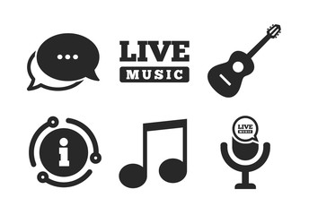 Microphone and Live music symbols. Chat, info sign. Musical elements icons. Music note and acoustic guitar signs. Classic style speech bubble icon. Vector
