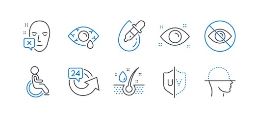 Set of Medical icons, such as Disabled, Ð¡onjunctivitis eye, Eye drops, Uv protection, Serum oil, 24 hours, Face declined, Not looking, Face scanning line icons. Line disabled icon. Vector