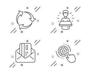 Brand ambassador, Credit card and Recycle line icons set. Cogwheel settings sign. Man speak, Mail, Recycling waste. Engineering tool. Technology set. Line brand ambassador outline icon. Vector