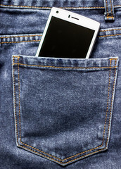 Close Up, Smartphone in the back pocket of jeans, Business fashion, Hipster, Stylish white phone , blue jeans, space for text