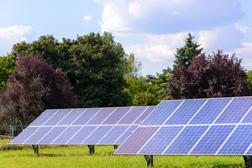 Solar panels mounted on the ground. Green grass and blue sky background