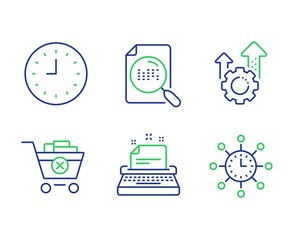 Typewriter, Search file and Remove purchase line icons set. Clock, Seo gear and World time signs. Instruction, Find document, Delete from cart. Time or watch. Line typewriter outline icons. Vector