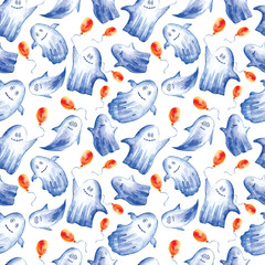 Seamless pattern of funny ghosts with orange balloons for Halloween on white watercolor background. Decoration for the autumn holiday. Mystical, fabulous, fun style. 