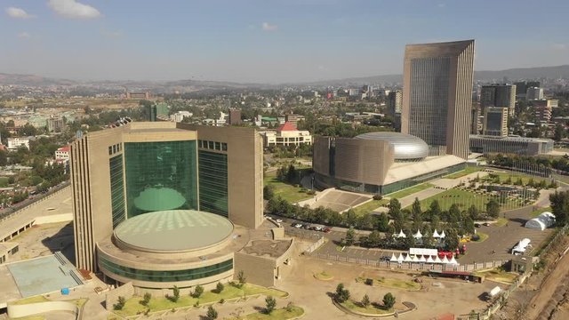 Aerial view of futuristic African Union headquarter in Addis Ababa in Ethiopia (donated by China, perhaps symbolizing country's growing influence on continent)