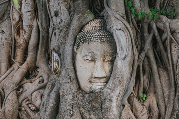 Amazing details of the Wat Maha That temple with the ruins of the Buddha statues.  UNESCO Worl Heritage site.