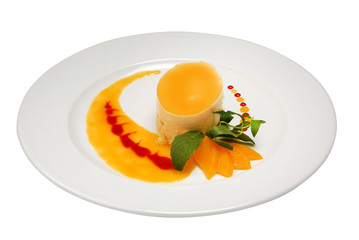Slice of delicious Orange cheesecake on white plate on white isolated background
