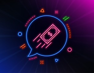 Fast payment line icon. Neon laser lights. Dollar exchange sign. Finance symbol. Glow laser speech bubble. Neon lights chat bubble. Banner badge with fast payment icon. Vector